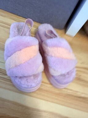 UGG Plush Fuzzy Slide Sandals in Lavender and Blush